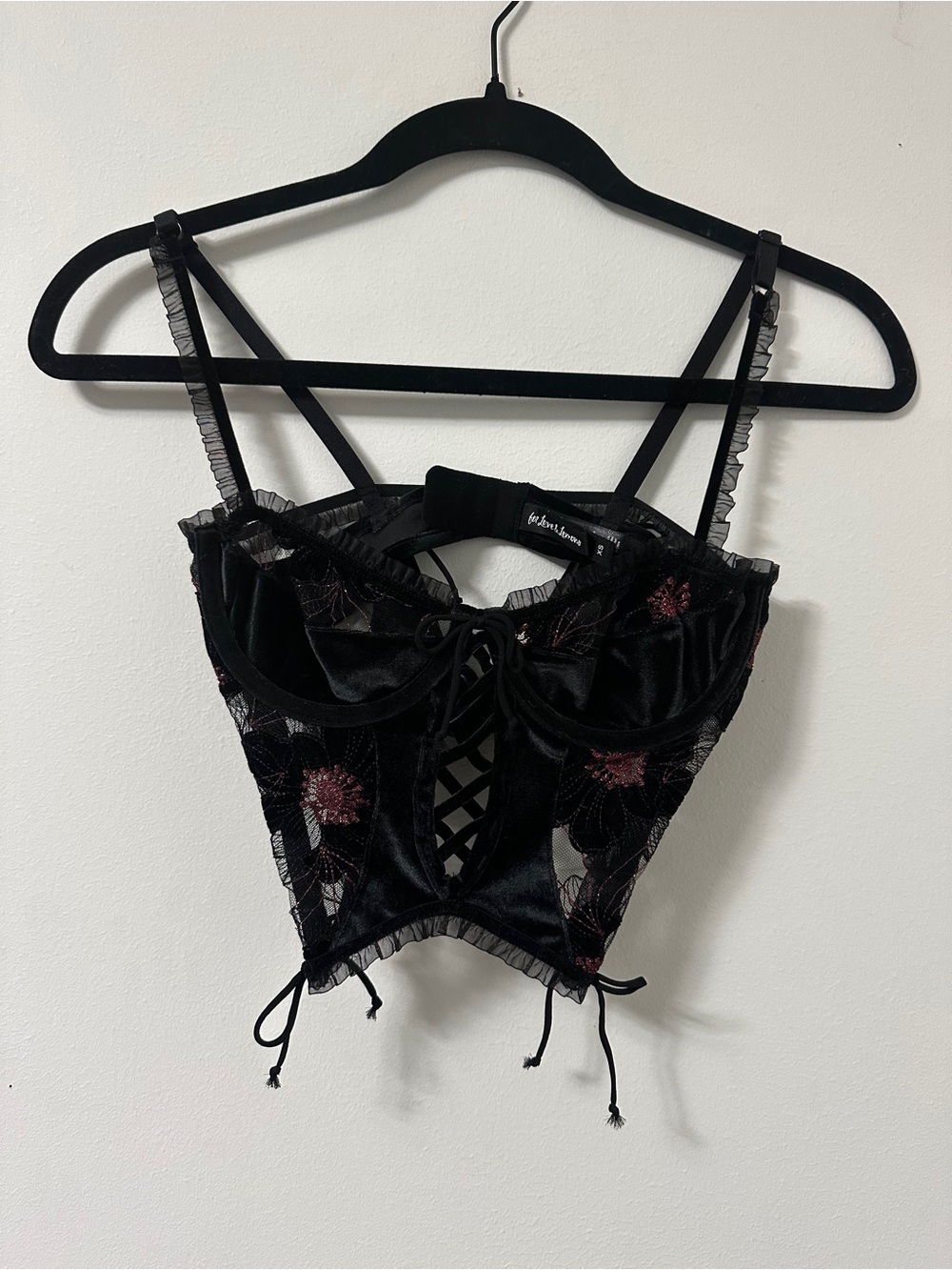 For love and lemons Black Floral Embroidered Velvet Lace-Up Corset Top